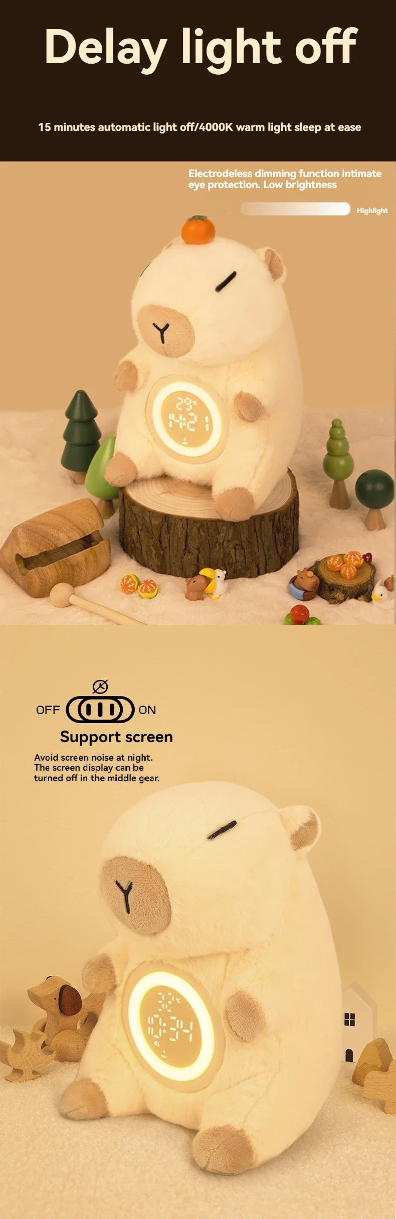 Adorable Capybara Plush Dual Alarm Night Light Adjustable Brightness Time Temperature Display Cartoon Clock for Kids Bedroom