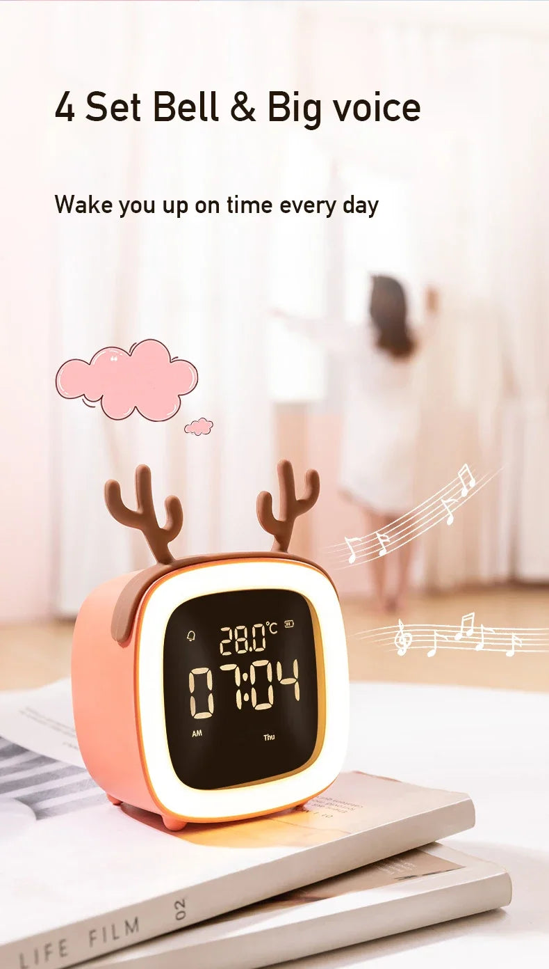 Rechargeable Cartoon LED Night Light Children Bedroom Alarm Clock with Thermometer Student Birthday Gift Room Bedside Deer Lamp