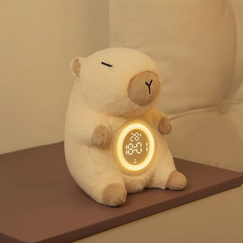 Adorable Capybara Plush Dual Alarm Night Light Adjustable Brightness Time Temperature Display Cartoon Clock for Kids Bedroom