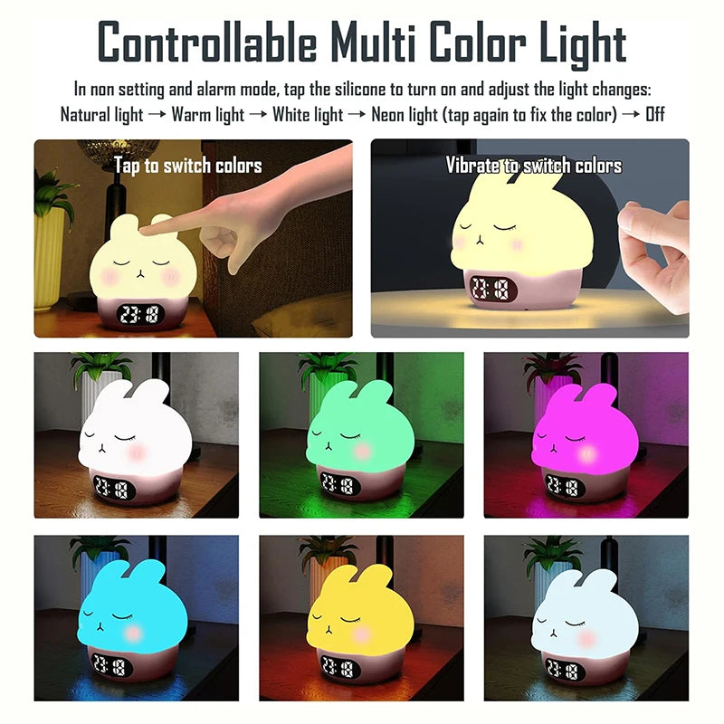 Alarm Clock with Night Light Cute Bunny Temperature Display Rechargeable Dimmable Night Lamp for Kids Desktop Decor