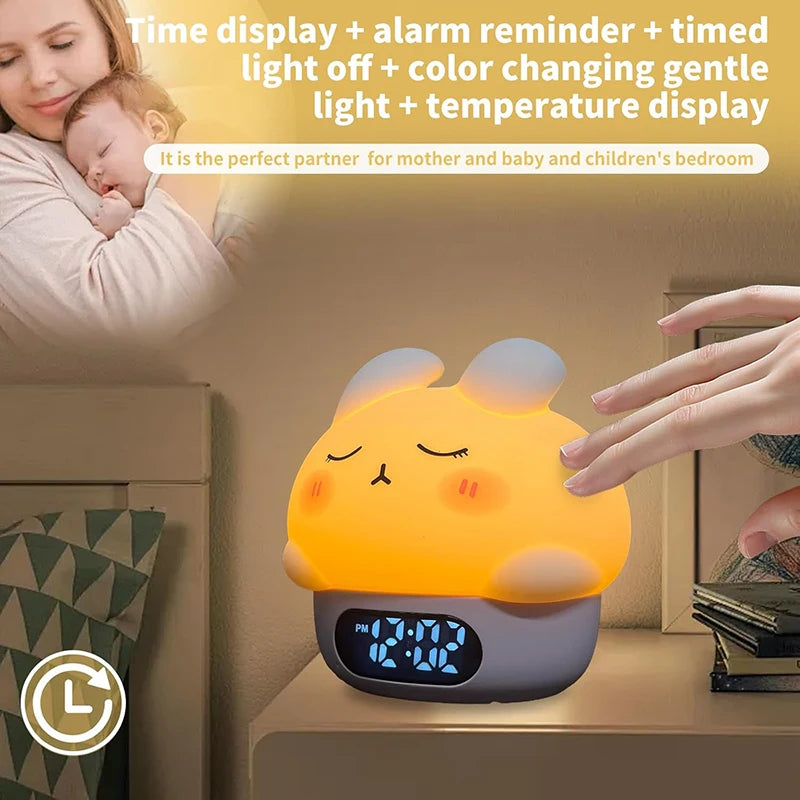 Alarm Clock with Night Light Cute Bunny Temperature Display Rechargeable Dimmable Night Lamp for Kids Desktop Decor