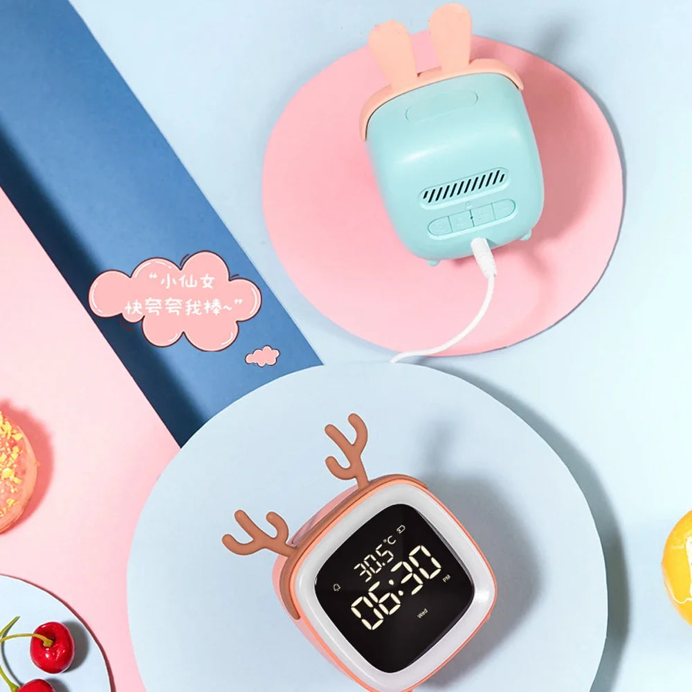 Rechargeable Cartoon LED Night Light Children Bedroom Alarm Clock with Thermometer Student Birthday Gift Room Bedside Deer Lamp