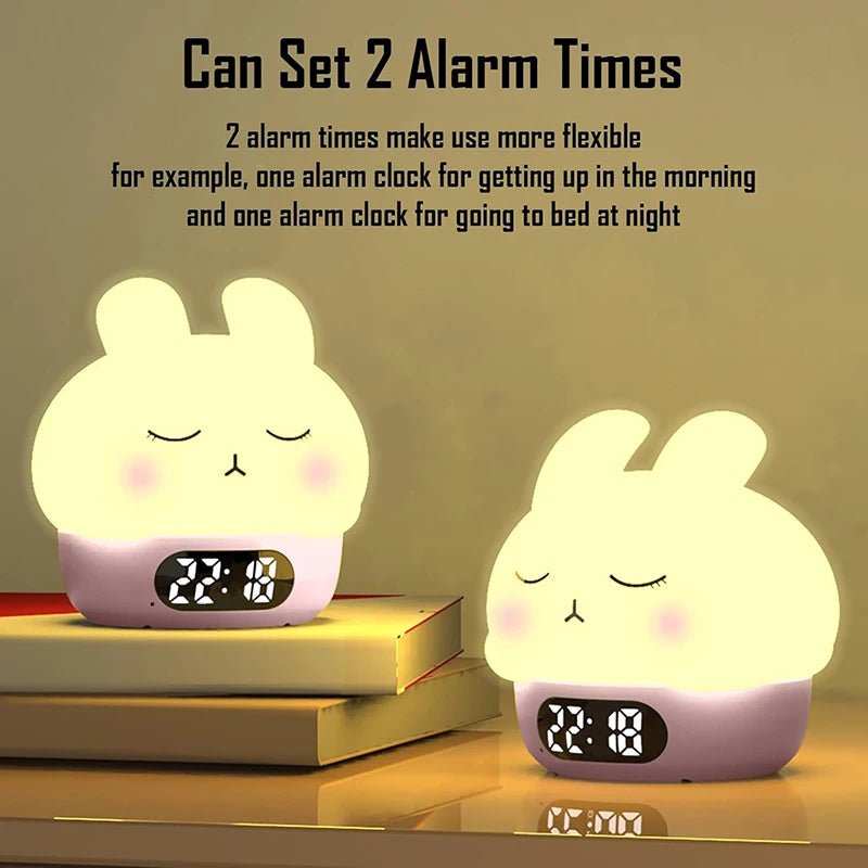 Alarm Clock with Night Light Cute Bunny Temperature Display Rechargeable Dimmable Night Lamp for Kids Desktop Decor