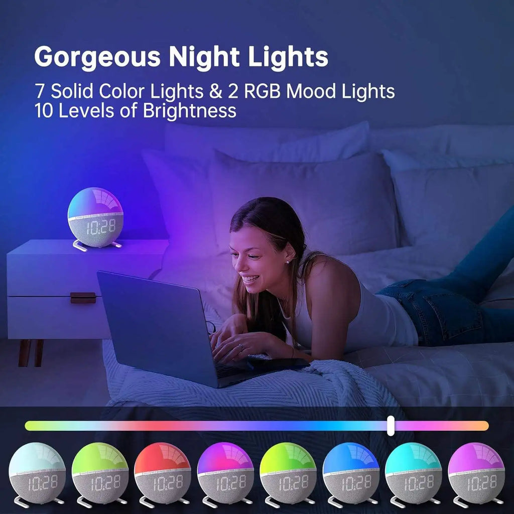Sunrise Wake-Up Light Alarm Clock Color Changing Night Light with Natural Sound Digital Display for Bedroom Living Room Home Dec
