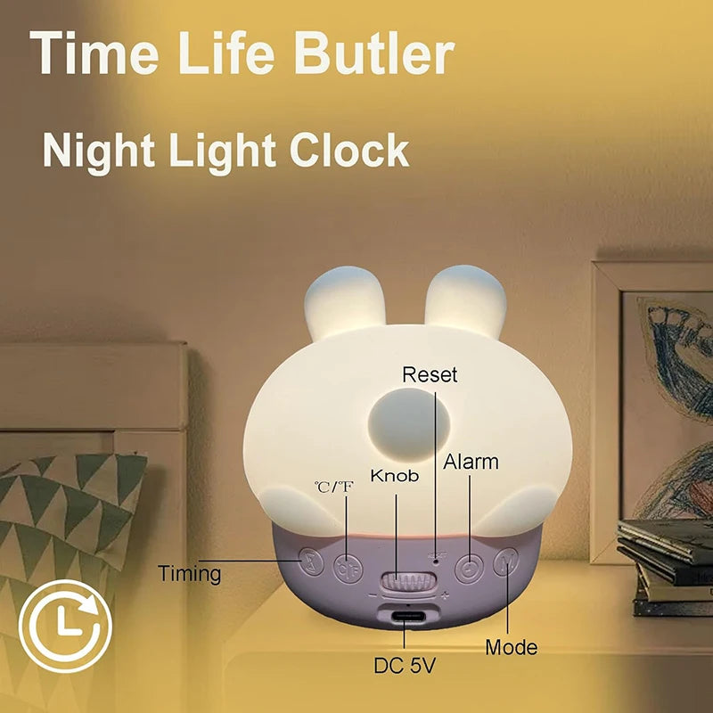 Alarm Clock with Night Light Cute Bunny Temperature Display Rechargeable Dimmable Night Lamp for Kids Desktop Decor