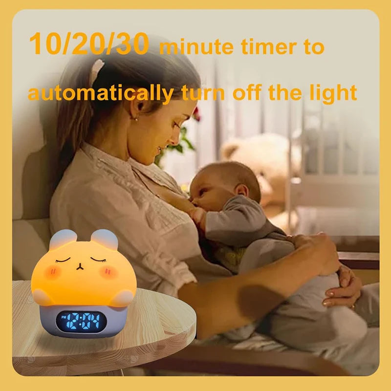 Alarm Clock with Night Light Cute Bunny Temperature Display Rechargeable Dimmable Night Lamp for Kids Desktop Decor