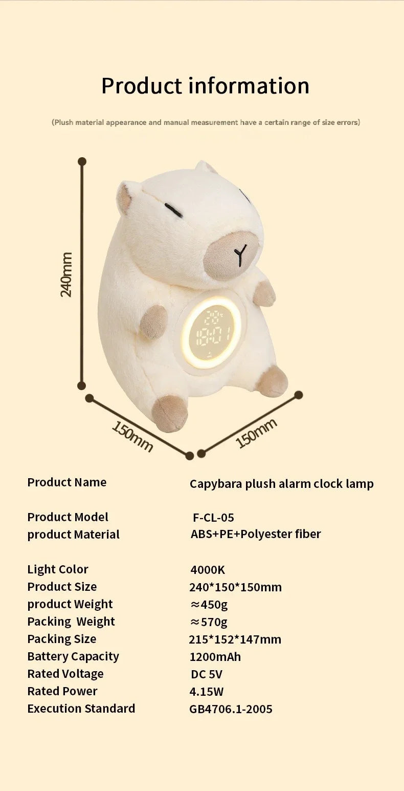 Adorable Capybara Plush Dual Alarm Night Light Adjustable Brightness Time Temperature Display Cartoon Clock for Kids Bedroom