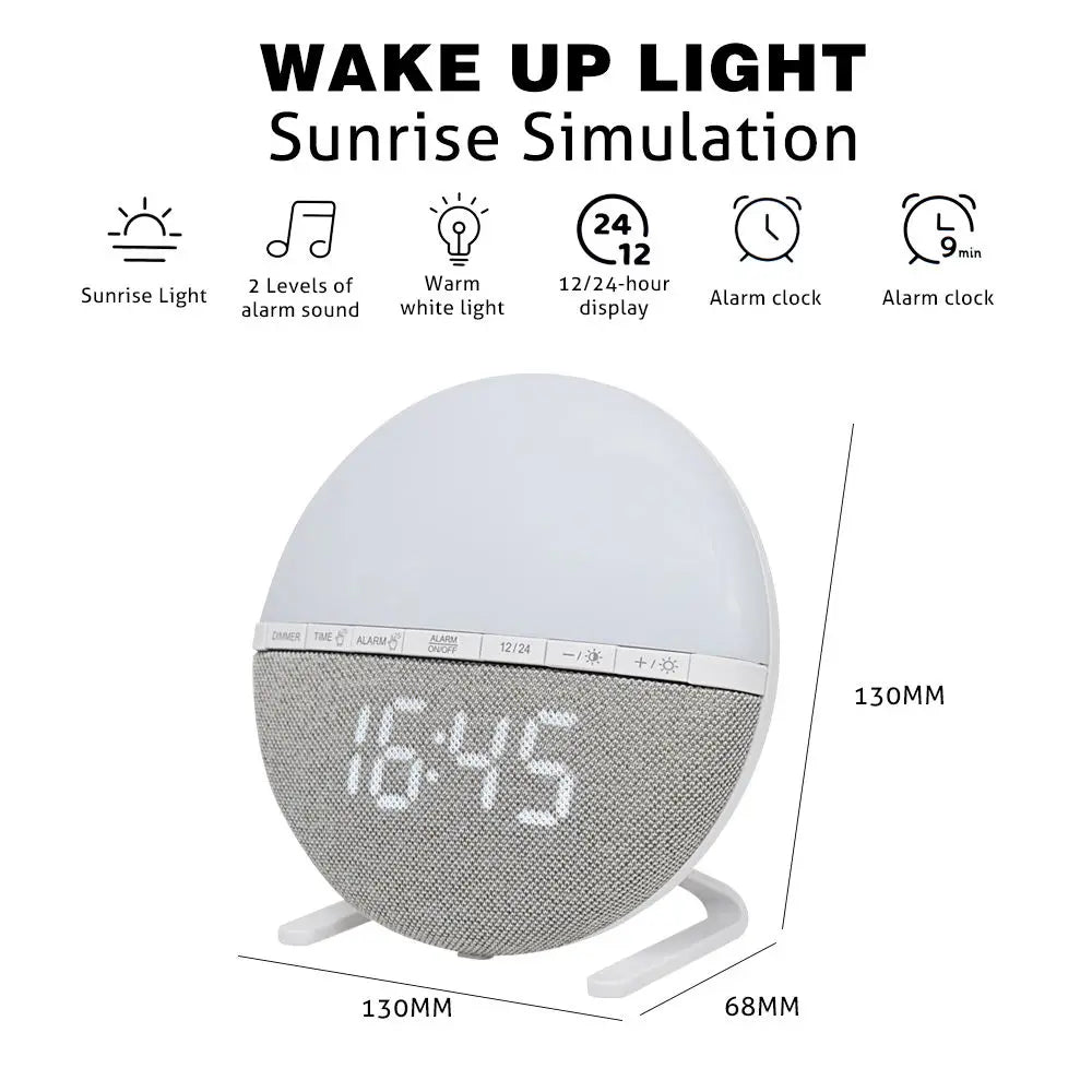 Sunrise Wake-Up Light Alarm Clock Color Changing Night Light with Natural Sound Digital Display for Bedroom Living Room Home Dec