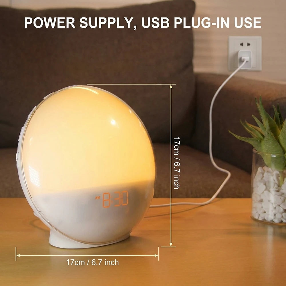 Wake Up Light Alarm Clock with Sunrise/Sunset Simulation Dual Alarms FM Radio Nightlight 7 Colors Natural Sounds Snooze