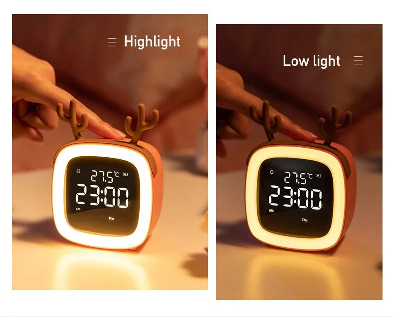 Rechargeable Cartoon LED Night Light Children Bedroom Alarm Clock with Thermometer Student Birthday Gift Room Bedside Deer Lamp