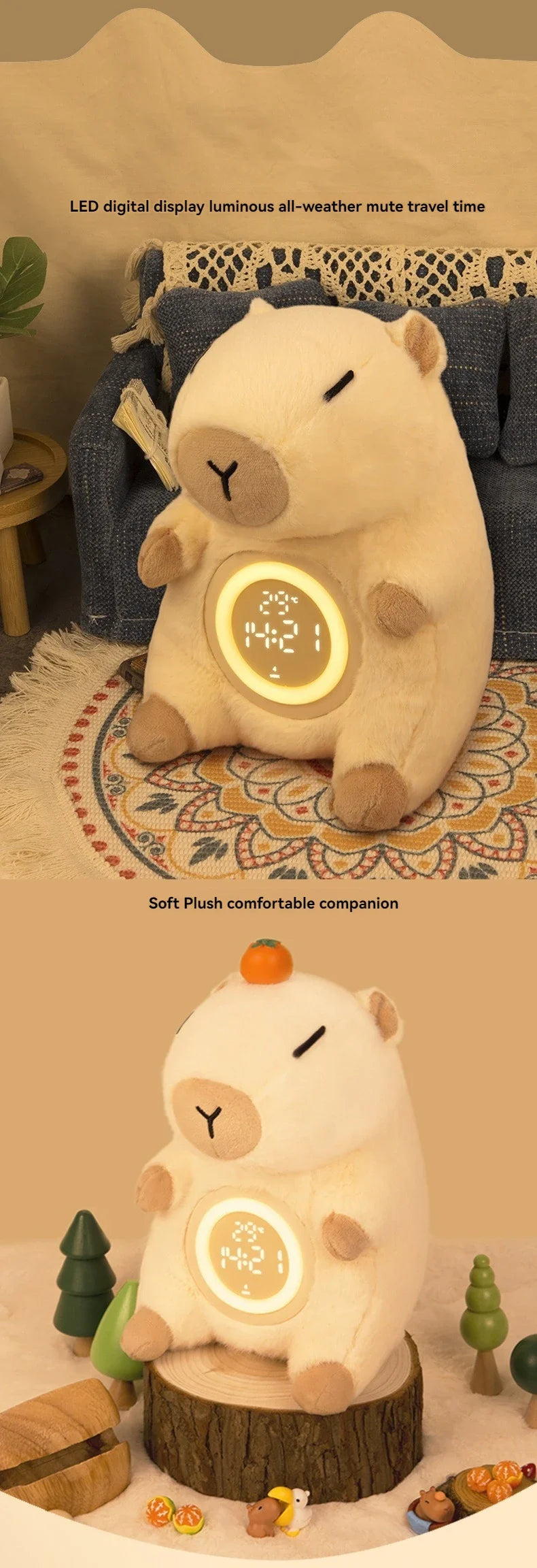 Adorable Capybara Plush Dual Alarm Night Light Adjustable Brightness Time Temperature Display Cartoon Clock for Kids Bedroom