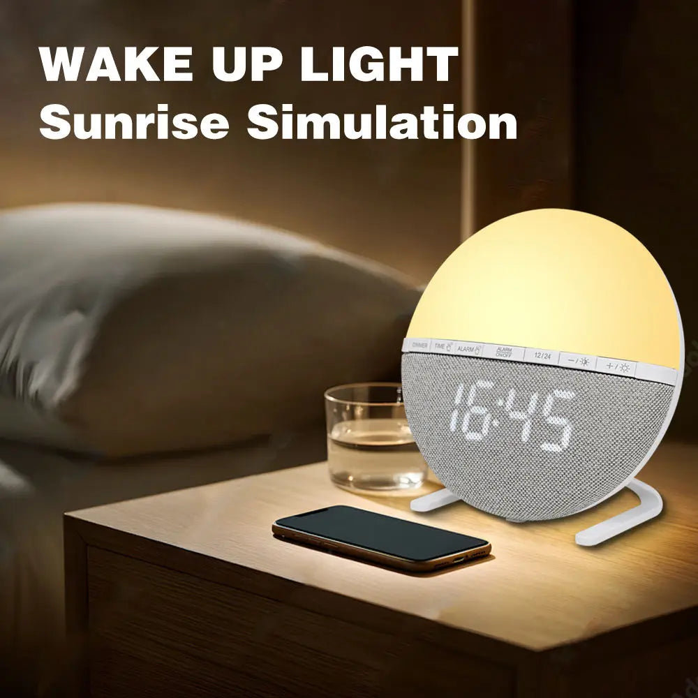 Sunrise Wake-Up Light Alarm Clock Color Changing Night Light with Natural Sound Digital Display for Bedroom Living Room Home Dec