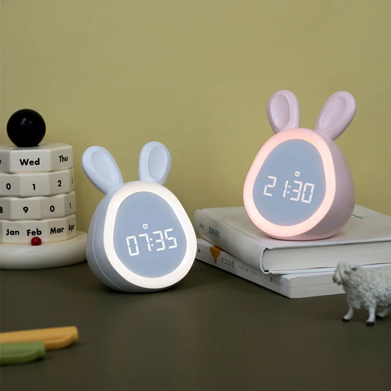Mini Cartoon Rabbit LED Alarm Clock Night Light for Students Dormitory Digital Display Children Wake Up Light USB Charging