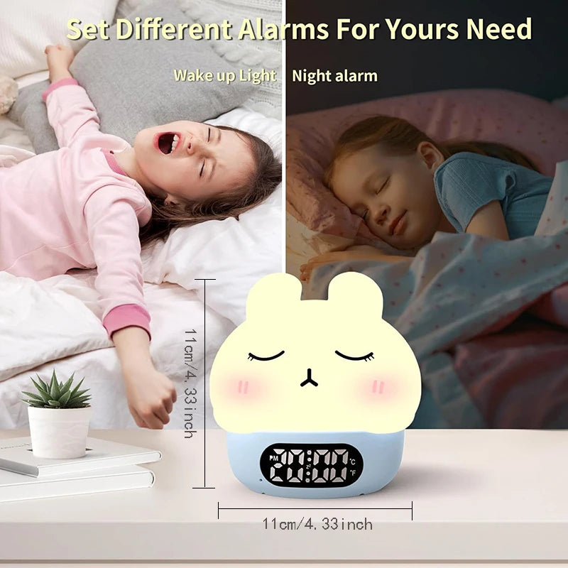 Alarm Clock with Night Light Cute Bunny Temperature Display Rechargeable Dimmable Night Lamp for Kids Desktop Decor