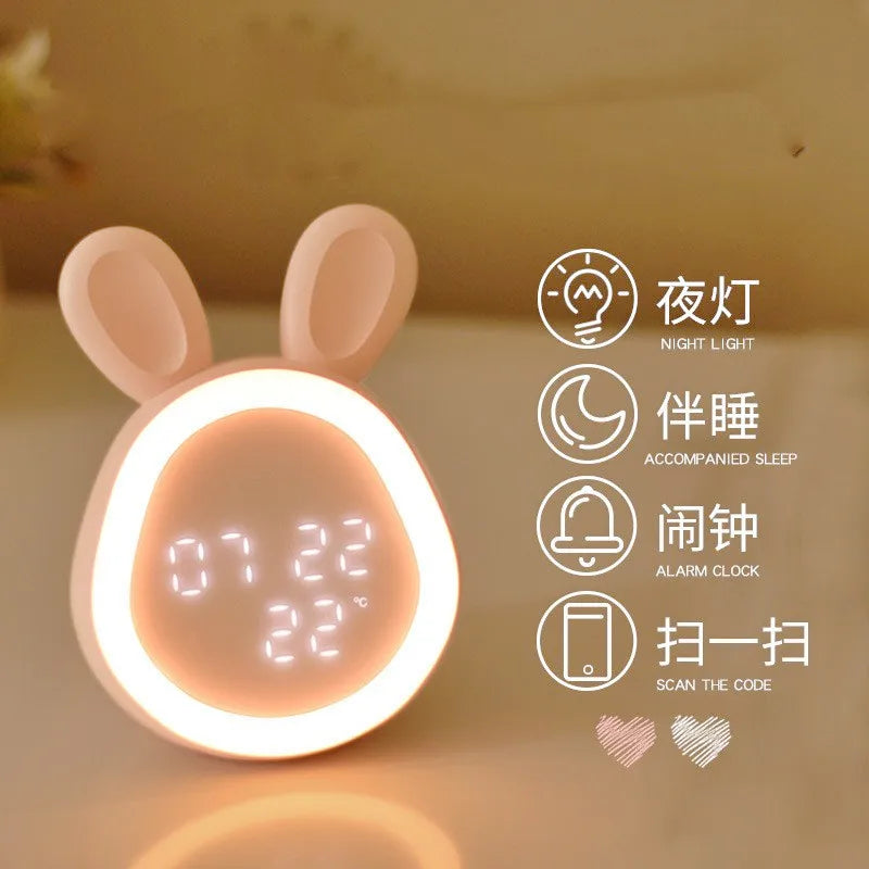 Mini Cartoon Rabbit LED Alarm Clock Night Light for Students Dormitory Digital Display Children Wake Up Light USB Charging