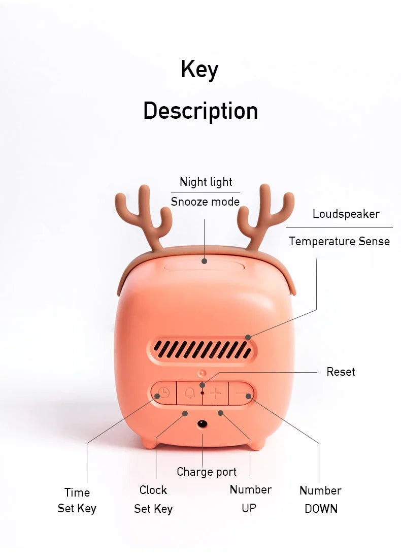 Rechargeable Cartoon LED Night Light Children Bedroom Alarm Clock with Thermometer Student Birthday Gift Room Bedside Deer Lamp