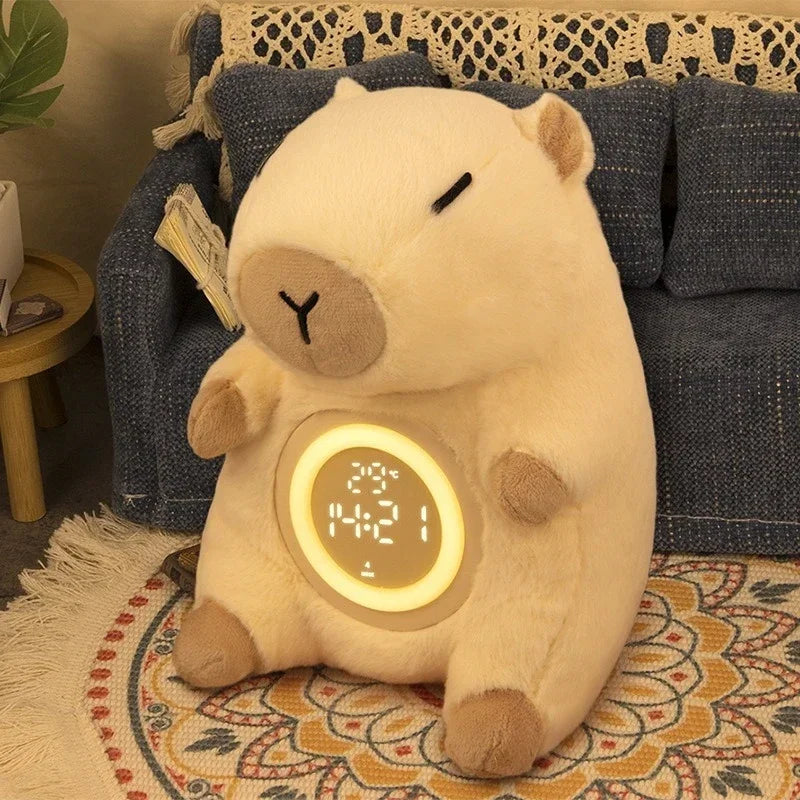 Adorable Capybara Plush Dual Alarm Night Light Adjustable Brightness Time Temperature Display Cartoon Clock for Kids Bedroom