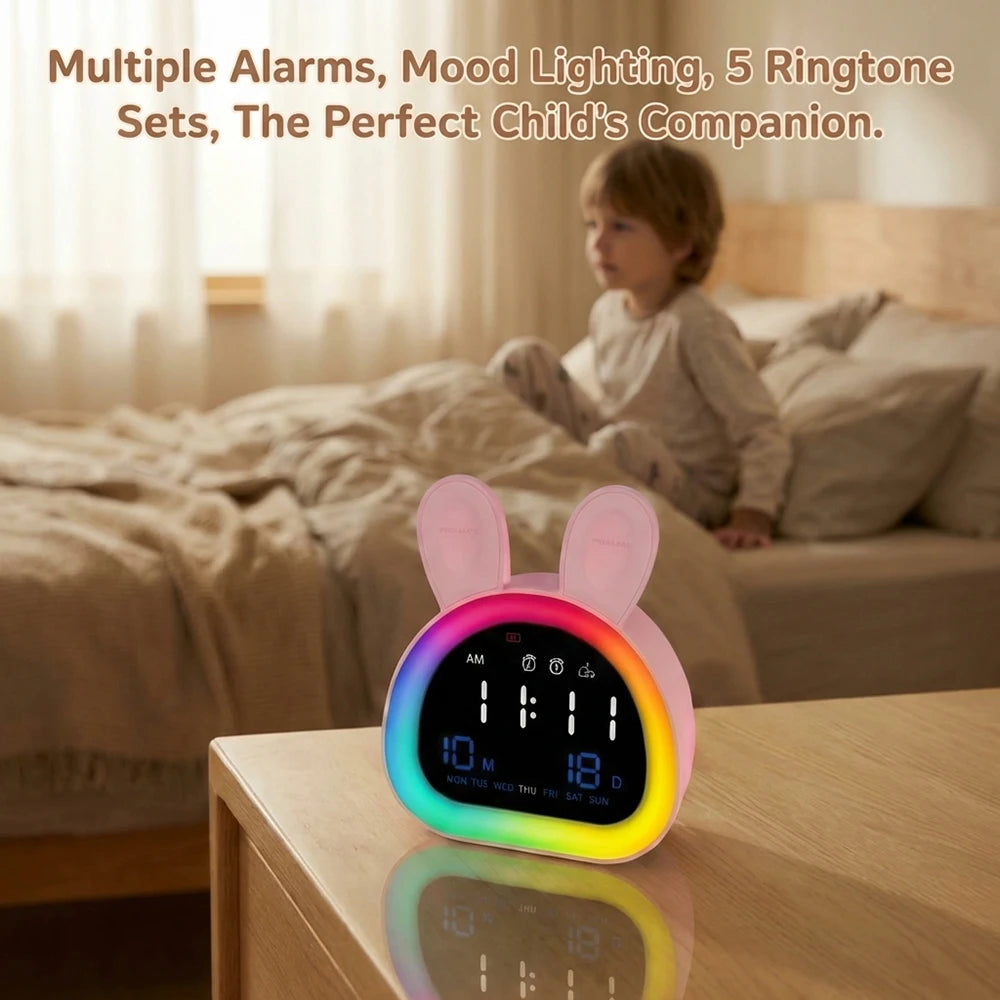 Cute Kids Digital Alarm Clock Color Changing Night Light Date Week Display 6 Tones Bedside Desk Travel for Boys and Girls