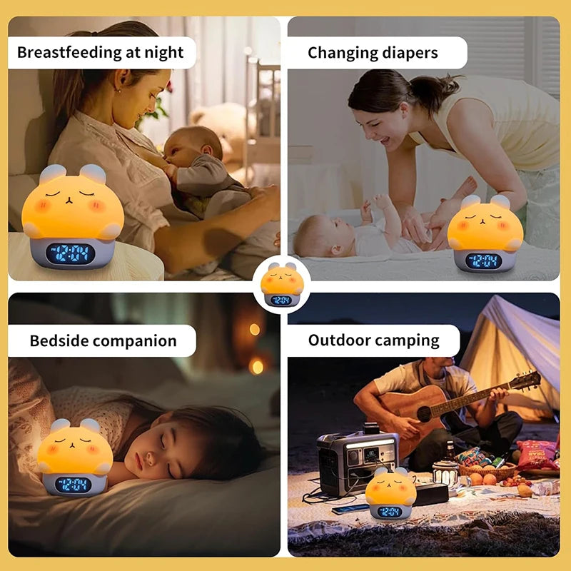 Alarm Clock with Night Light Cute Bunny Temperature Display Rechargeable Dimmable Night Lamp for Kids Desktop Decor