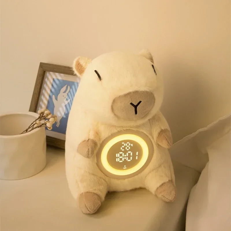 Adorable Capybara Plush Dual Alarm Night Light Adjustable Brightness Time Temperature Display Cartoon Clock for Kids Bedroom