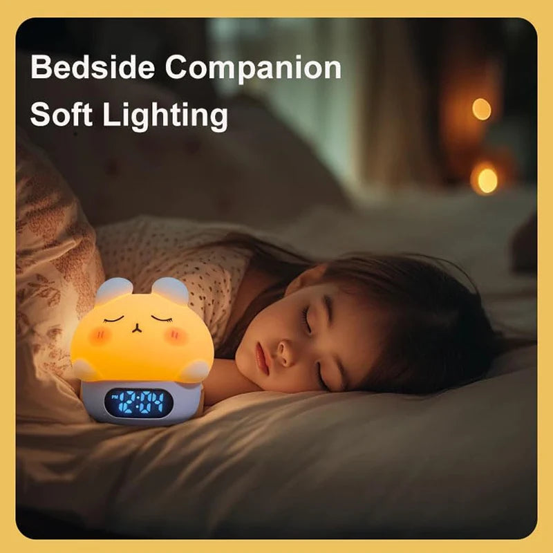 Alarm Clock with Night Light Cute Bunny Temperature Display Rechargeable Dimmable Night Lamp for Kids Desktop Decor