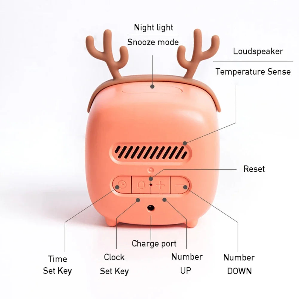 Rechargeable Cartoon LED Night Light Children Bedroom Alarm Clock with Thermometer Student Birthday Gift Room Bedside Deer Lamp