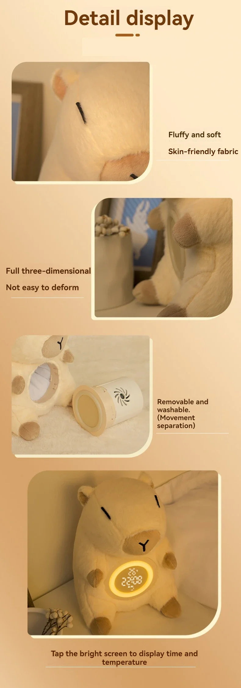 Adorable Capybara Plush Dual Alarm Night Light Adjustable Brightness Time Temperature Display Cartoon Clock for Kids Bedroom