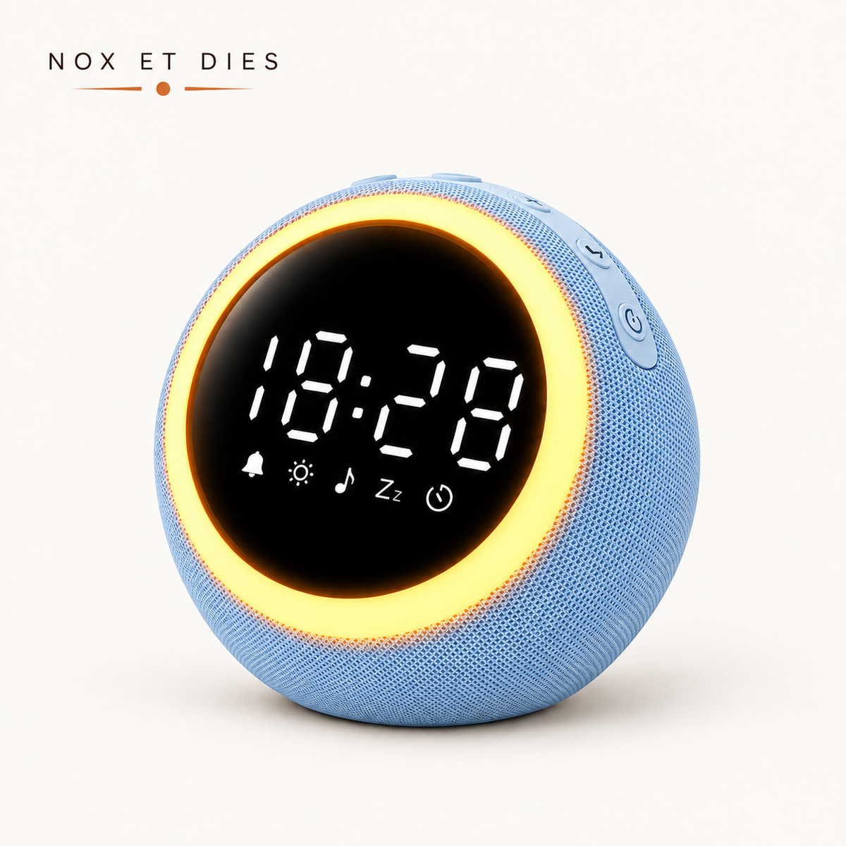 Réveil veilleuse Nox et Dies en tissu bleu, vue de face avec écran LED allumé affichant l'heure et cercle lumineux ambré.