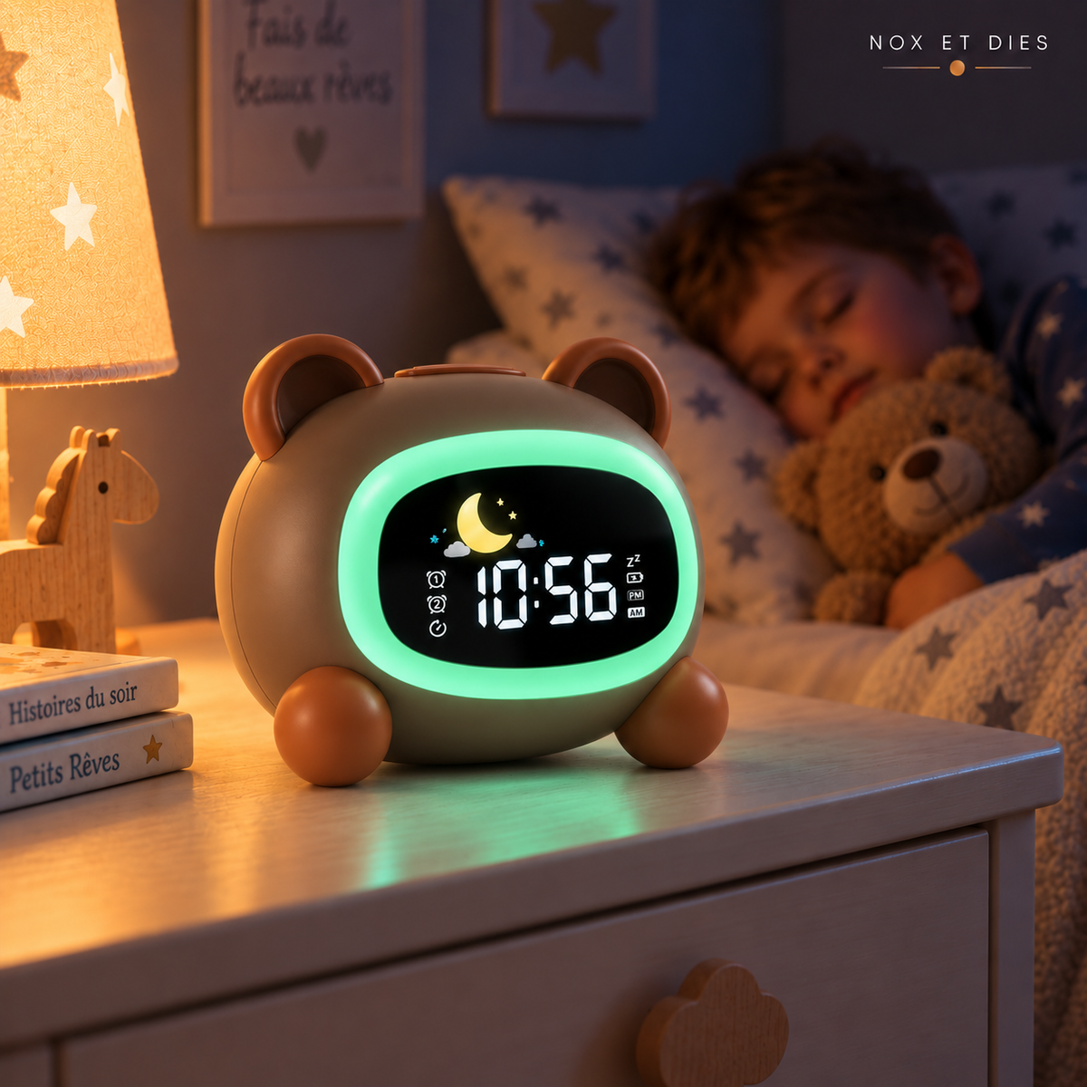 Réveil veilleuse enfant Ursa Nox et Dies sur une table de chevet, halo vert allumé et icône lune affichée pendant qu'un enfant dort avec son ourson