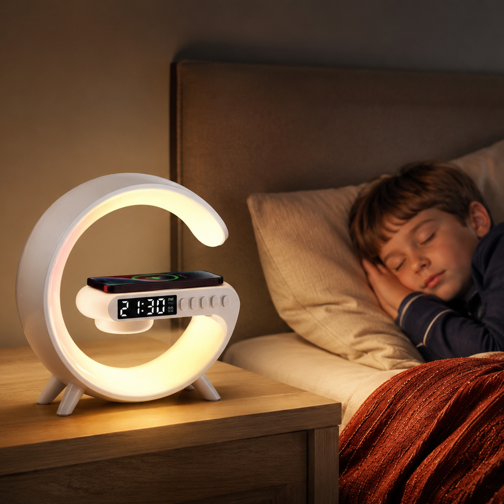 Veilleuse Simulateur d'aube Piccolo Blanc diffusant une lumière chaude au coucher