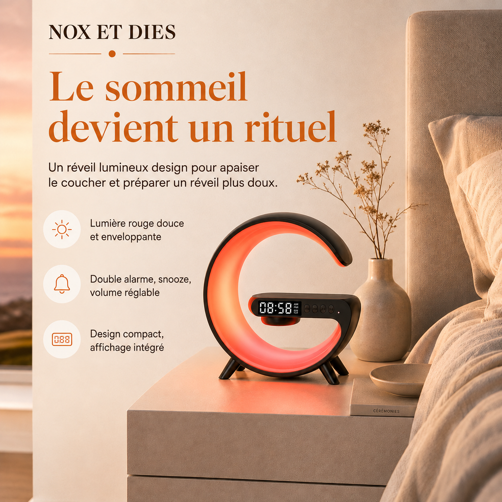 Veilleuse Simulateur d'aube Piccolo Noir diffusant une lumière chaude au réveil