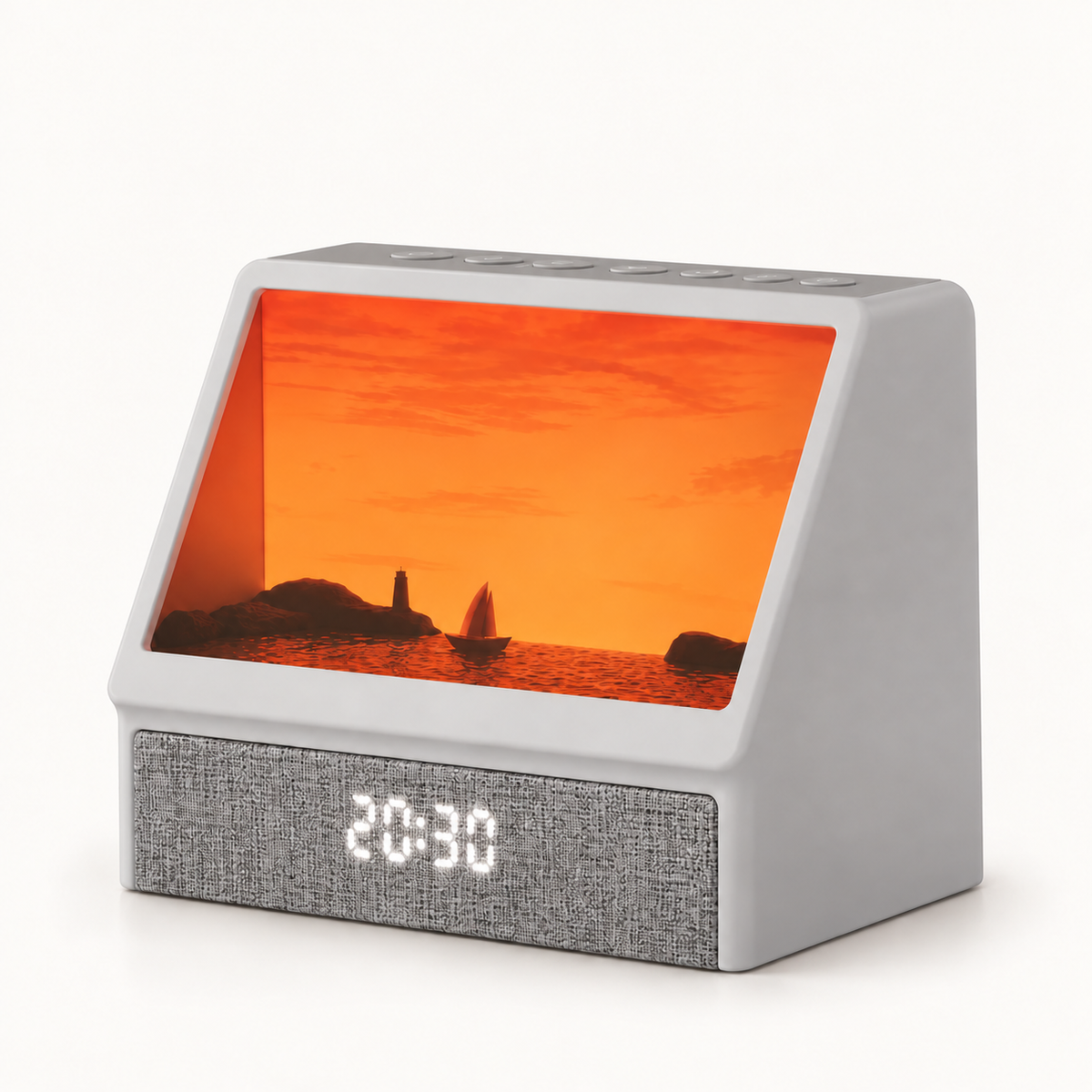 Lampe marine animée Vogue de Nox et Dies, scène de coucher de soleil orangé avec phare et voilier, écran affichant 20h30.