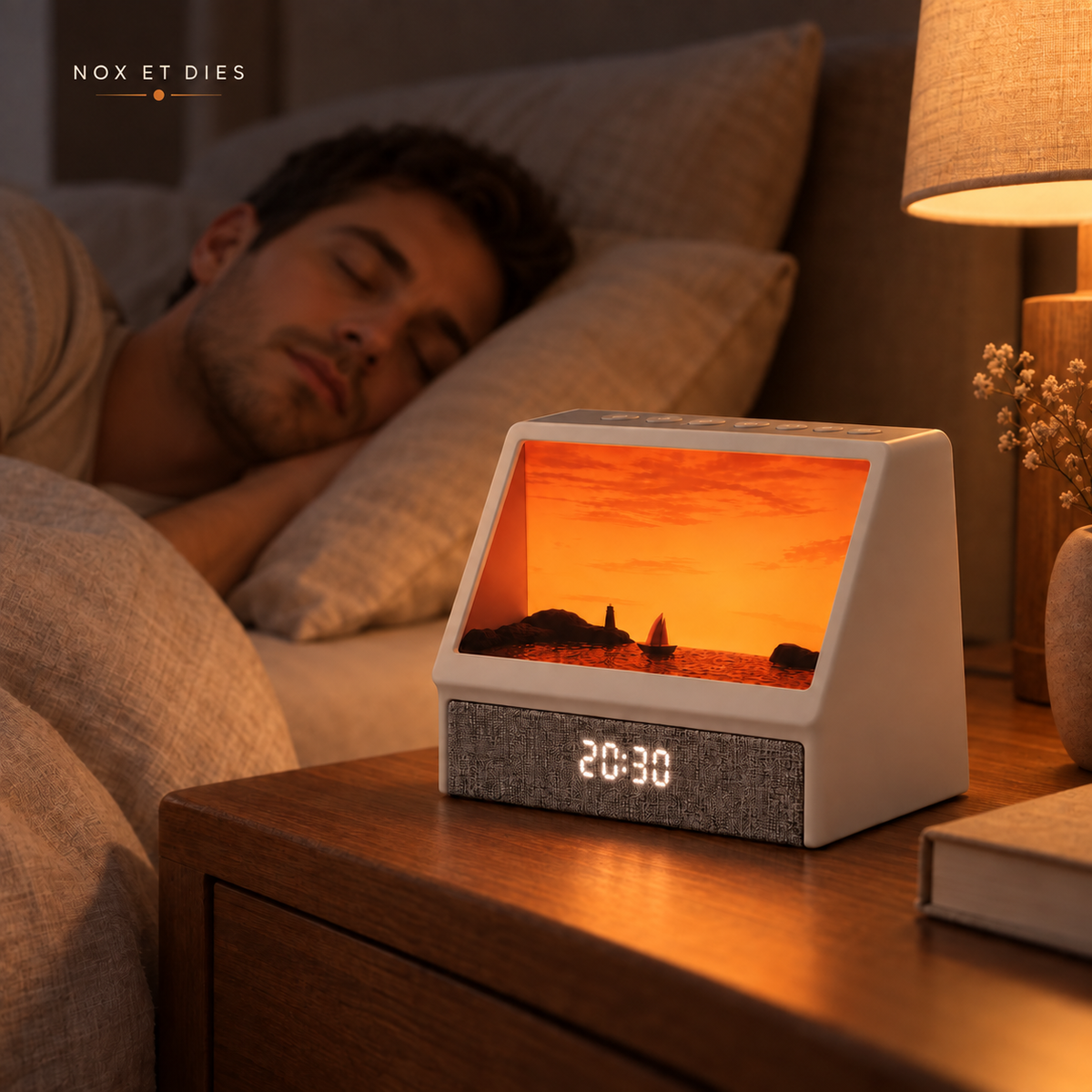 Lampe simulateur d'aube Vogue de Nox et Dies allumée sur une table de chevet, dans une chambre où un homme dort, scène de coucher de soleil orangé.