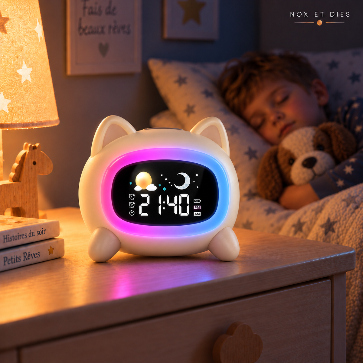 Réveil veilleuse enfant Wouaf Nox et Dies sur une table de chevet, halo rose et bleu allumé et icône lune affichée pendant qu'un enfant dort avec sa peluche chien