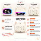 Infographie du réveil veilleuse enfant Wouaf Nox et Dies détaillant la double alarme, la fonction snooze et le rôle des touches heure, jour nuit, sons et lumière
