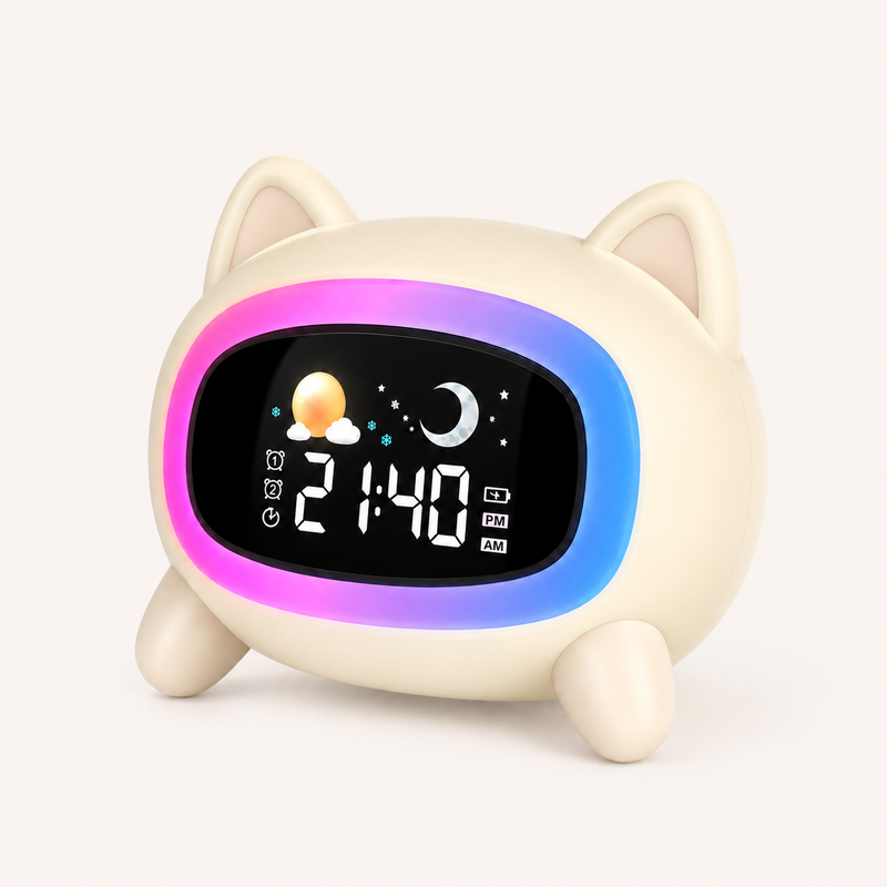 Réveil veilleuse enfant Wouaf Nox et Dies en forme de chien crème, halo lumineux dégradé rose et bleu allumé et écran LED affichant l'heure