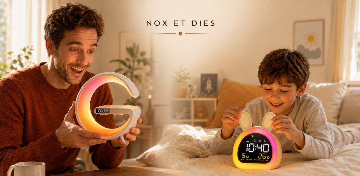Un homme et un enfant découvrent un réveil lumineux en forme de G et un réveil veilleuse à oreilles de lapin.