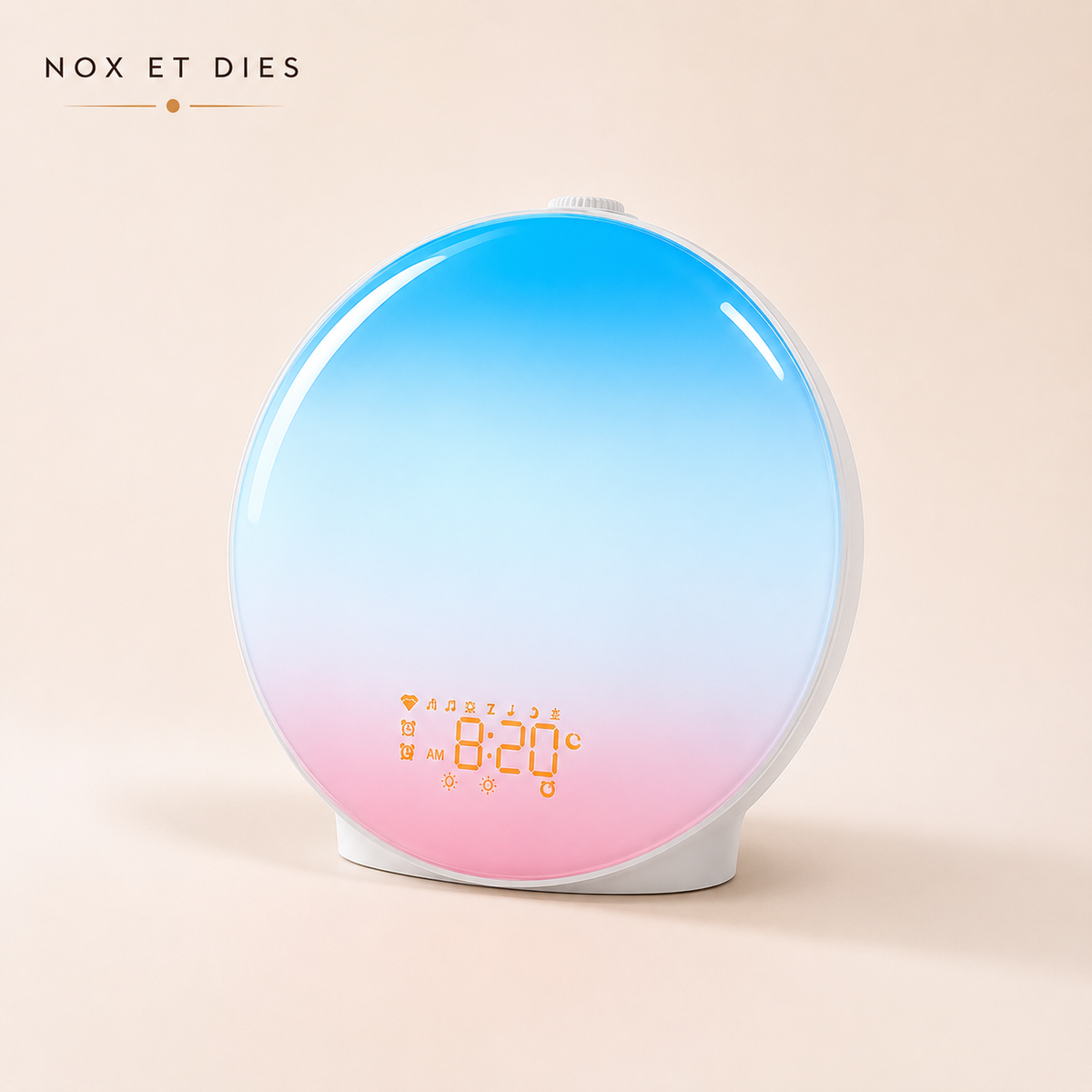 Réveil simulateur d'aube Full Nox et Dies avec dégradé de lumière bleu à rose et écran affichant les icônes de fonctions à 8h20