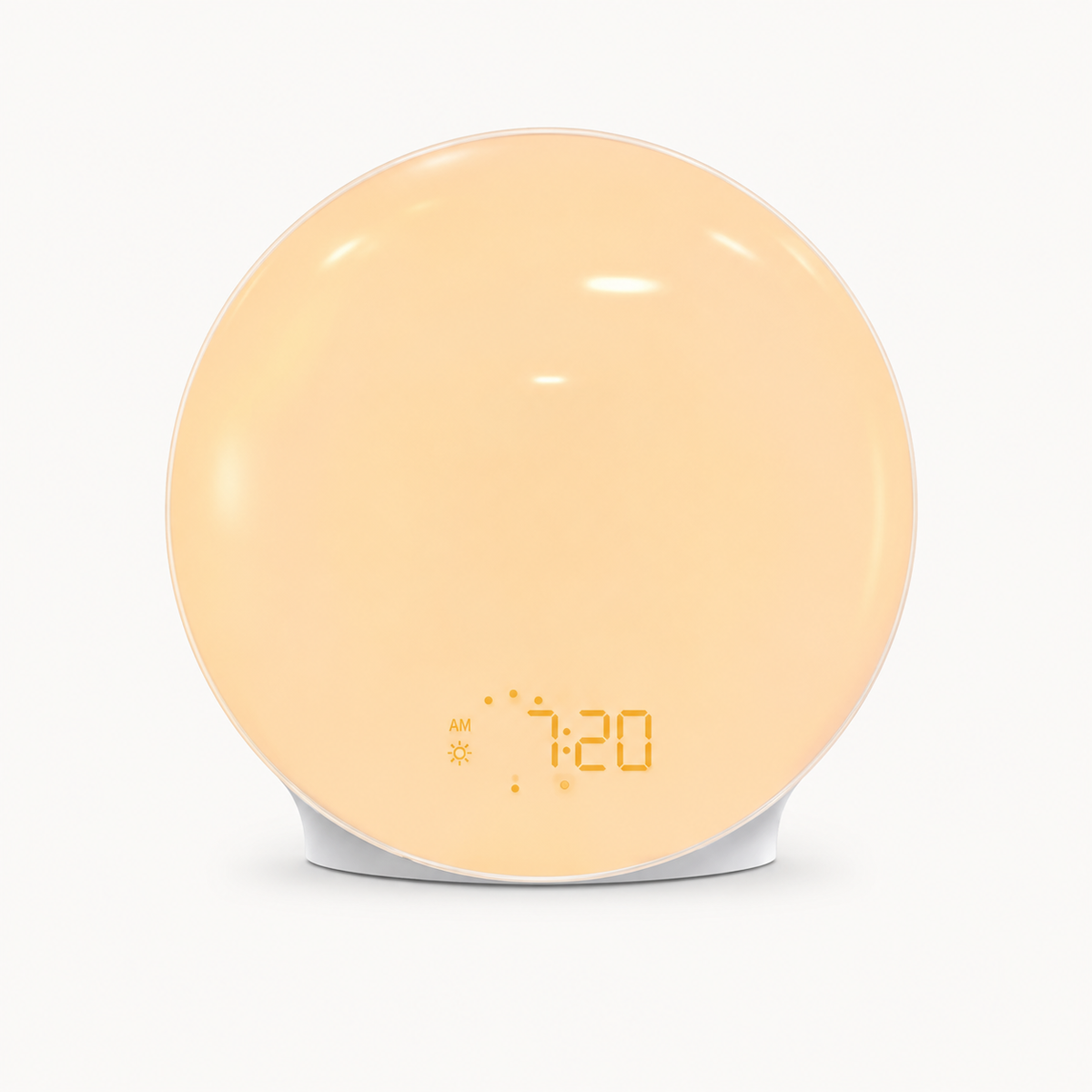 Réveil simulateur d'aube Full de Nox et Dies avec lumière orange chaude diffusée, affichage de l'heure sur fond neutre