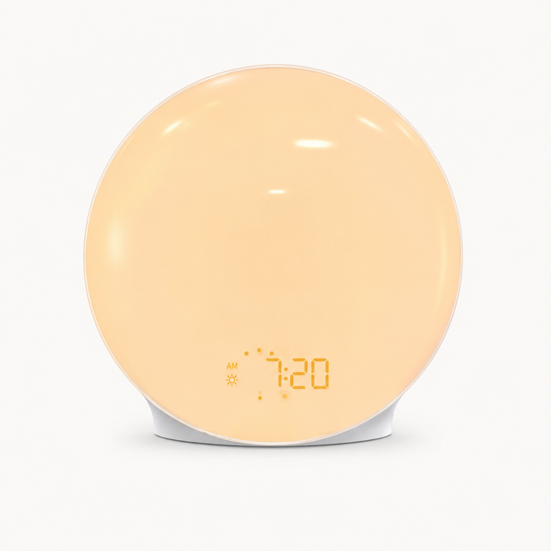 Réveil simulateur d'aube Full de Nox et Dies avec lumière orange chaude diffusée, affichage de l'heure sur fond neutre