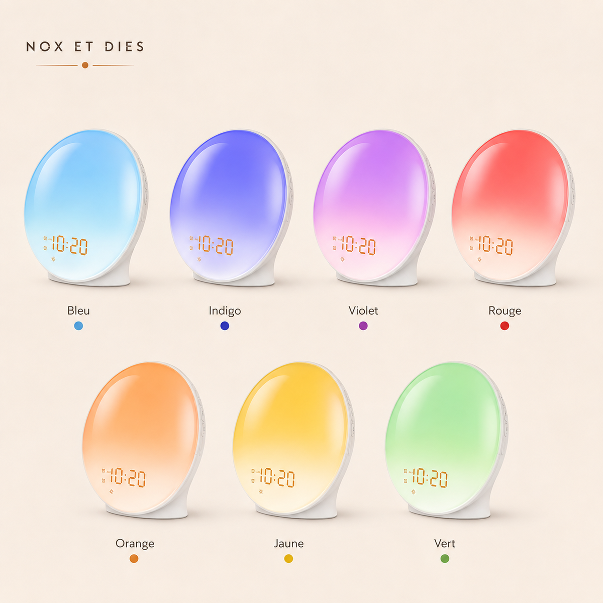 Palette des sept couleurs disponibles sur le réveil simulateur d'aube Full Nox et Dies : bleu, indigo, violet, rouge, orange, jaune et vert