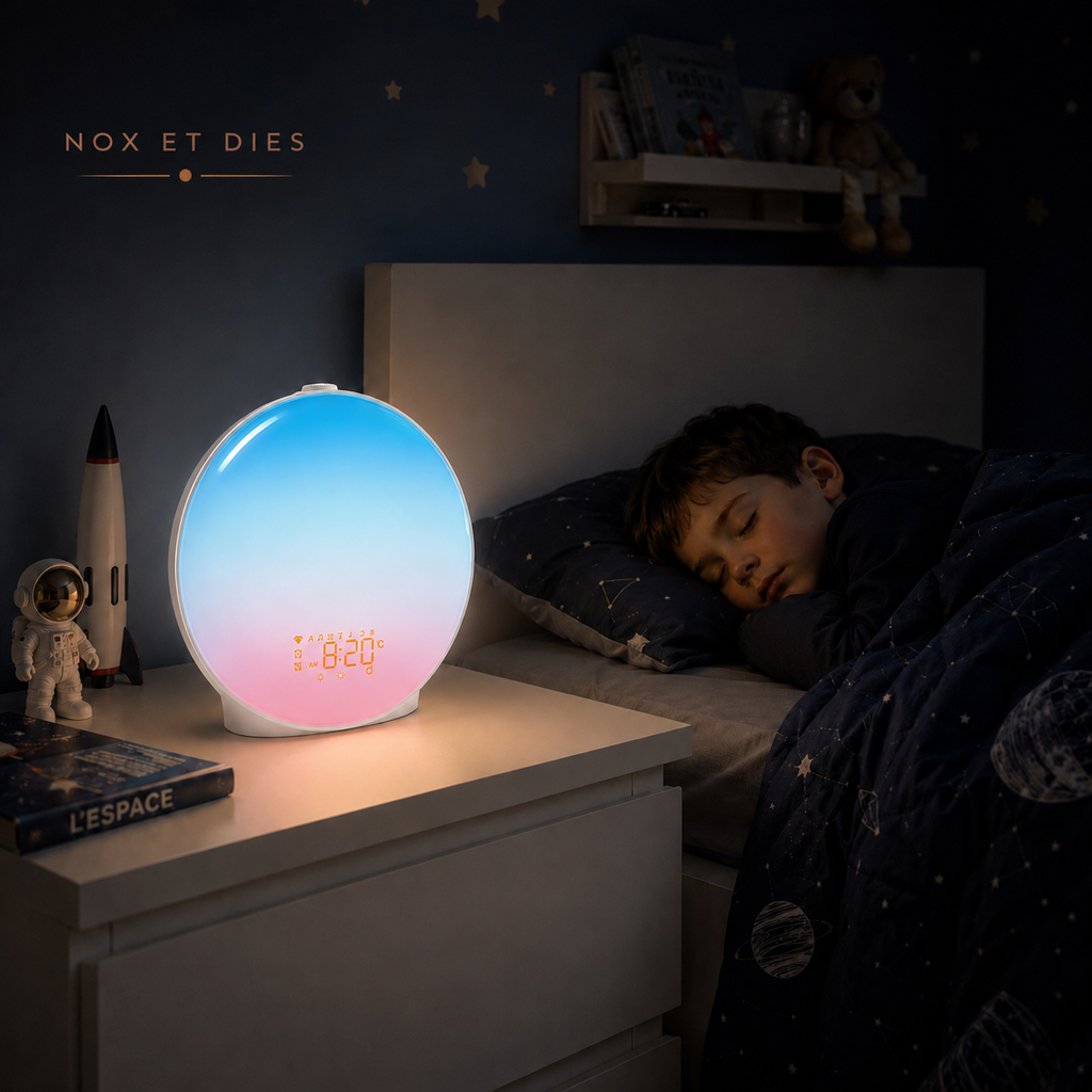 Réveil simulateur d'aube Full Nox et Dies utilisé comme veilleuse bleu-rose sur une table de chevet, dans une chambre d'enfant