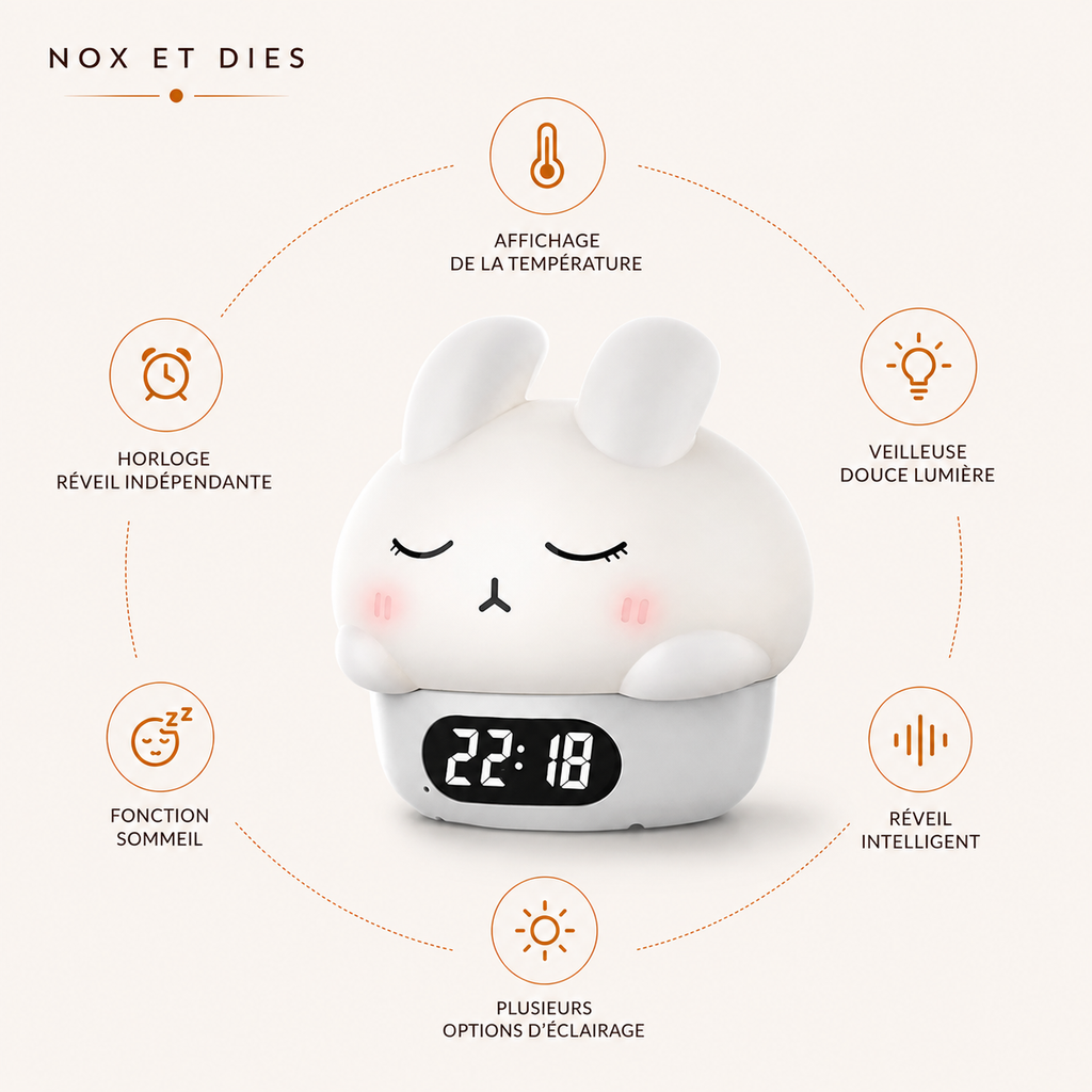 Infographie des fonctionnalités de la veilleuse réveil lapin Nox et Dies : affichage température, veilleuse douce lumière, réveil intelligent, options d'éclairage, fonction sommeil, horloge réveil indépendante