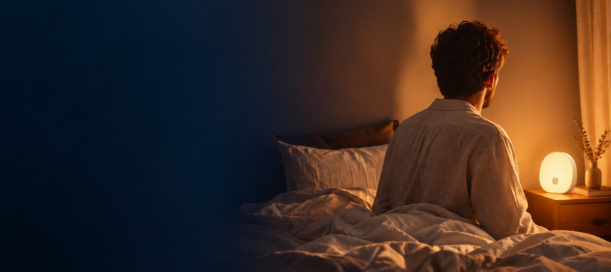 Homme femme assis dans son lit, de dos, près d’une veilleuse diffusant une lumière chaude sur la table de chevet.