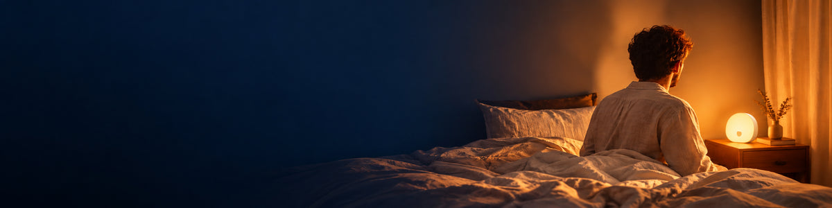 Homme assis sur son lit dans une chambre plongée dans la pénombre, éclairée par une veilleuse lumineuse diffusant une lumière chaude et apaisante, idéale pour favoriser une ambiance propice au sommeil.
