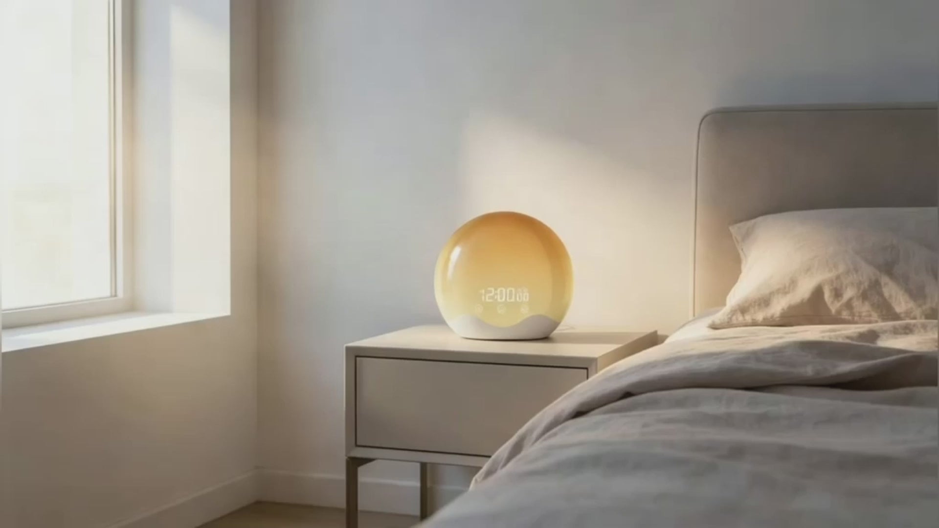 Le réveil lumineux 2 waves posé sur une table de chevet en bois, diffusant une lumière jaune orangée chaleureuse. Entouré d'un vase avec des branches séchées, il présente un design rond et élégant, accompagné du slogan "Réveillez la lumière". Idéal pour un réveil en douceur.
