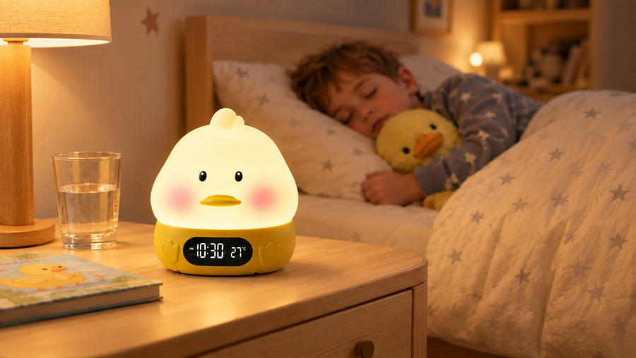 Réveil veilleuse en forme de canard affichant l'heure et la température de la pièce avec un enfant qui dort en tenant un canard peluche dans ses bras