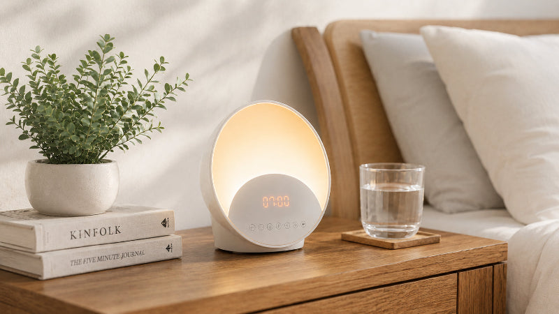Réveil simulateur d’aube allumé sur une table de chevet en bois, près d’une plante et d’un verre d’eau, dans une chambre éclairée par le jour.