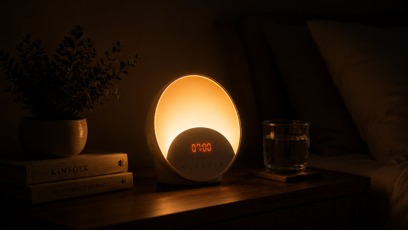 Le produit aube - Réveil simulateur d’aube allumé sur une table de chevet en bois.