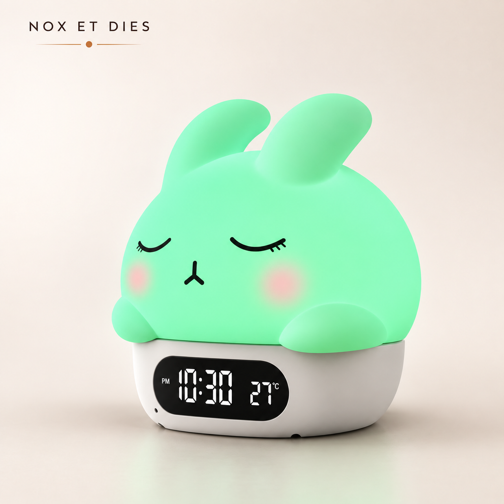 Veilleuse réveil lapin Nox et Dies en silicone vert, écran affichant l'heure et la température